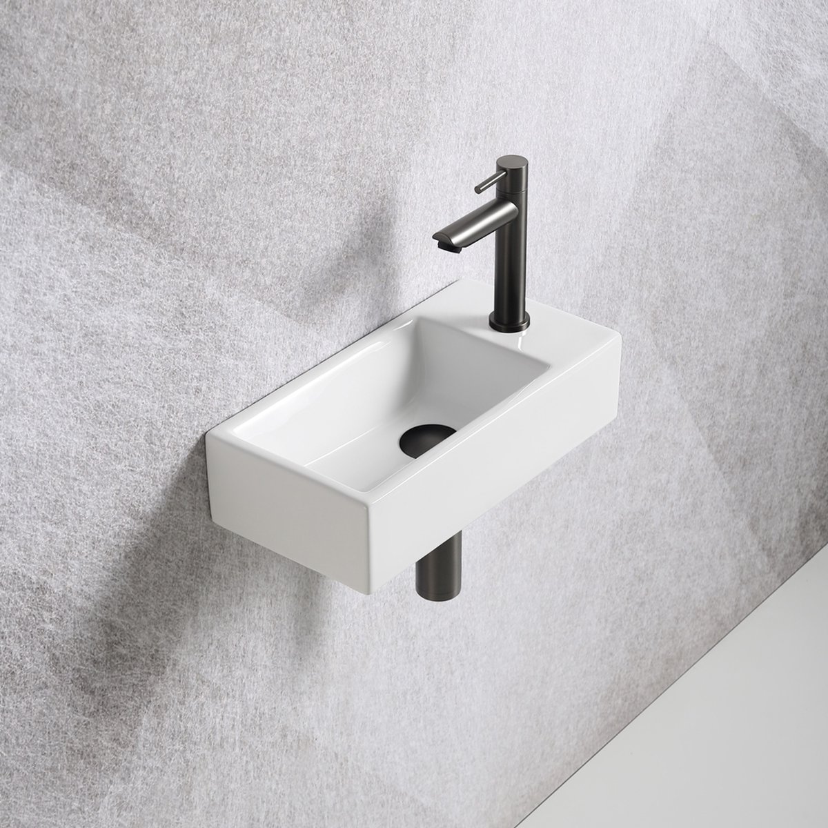 Fonteinset Mia 40.5x20x10.5cm glans wit rechts inclusief fontein kraan, sifon en afvoerplug gun metal
