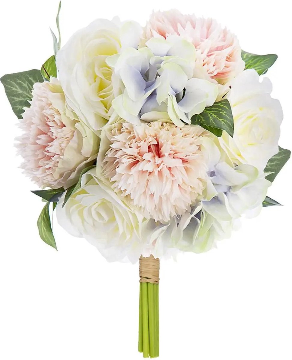 Atmosphera anjer boeket kunstbloemen - wit/roze - 26 cm - Kunstbloemen boeketten - Bruidsboeketten
