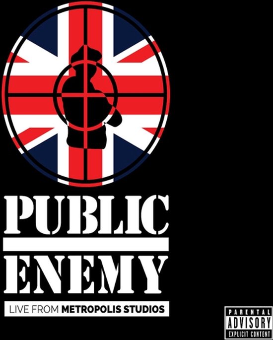 Albumcover met de tekst PUBLIC ENEMY LIVE FROM METROPOLIS STUDIOS en een cirkel met de Britse vlag.