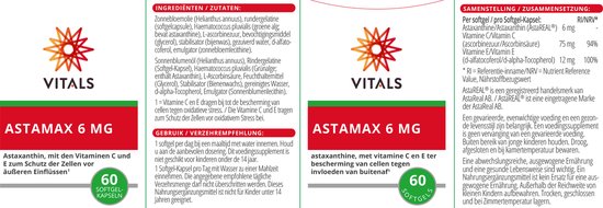 Vitals Astamax 6 mg verpakking. Bevat astaxanthine, met vitamine C en E ter bescherming van cellen tegen invloeden van buitenaf.