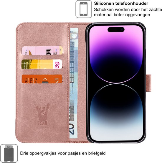 Coque pour iPhone 14 Pro Max - Étui livre en Cuir , portefeuille, porte-cartes, or rose - Protecteur d'écran en Tempered Glass trempé