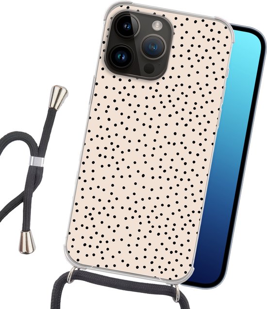Cordon de téléphone - Chaîne de téléphone - Étui de téléphone Convient pour Apple Iphone 14 Pro - Dot - Beige - Zwart - Siliconen - Bandoulière - Étui de téléphone avec cordon Étui de téléphone