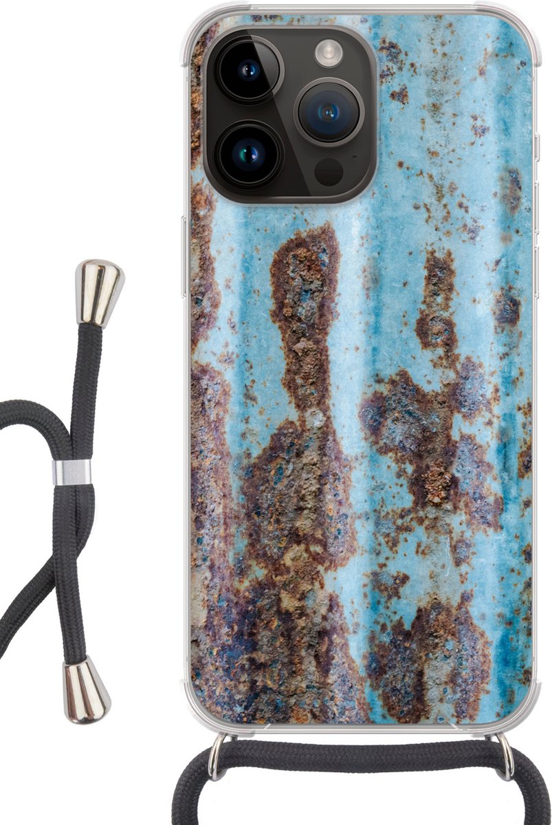 Telefoonkoord - Telefoonketting - Telefoonhoesje Geschikt voor Apple Iphone 14 Pro - Golfplaat - Vintage - Roest print - Siliconen - Crossbody - Telefoonhoesje met koord Telefoonhoesje