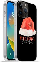 Geschikt voorApple Iphone 14 Pro Max hoesje - Kerst - Kerstman - Quotes - Spreuken - Here comes Santa Claus - Siliconen Telefoonhoesje