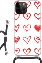 Geschikt voorApple Iphone 14 Pro Max - Crossbody Case - Een illustratie met hartjes in verschillende vormen - Siliconen - Crossbody - Backcover met Koord - Telefoonhoesje met koord - Hoesje met touw