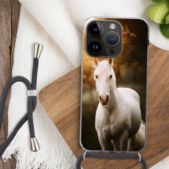 Étui de téléphone adapté à Apple iPhone 14 Pro - Cheval - Lumière - Soleil - Siliconen - Bandoulière - Coque arrière avec cordon - Étui de téléphone avec cordon - Étui avec corde Étui de téléphone