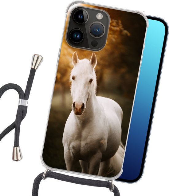 Étui de téléphone adapté à Apple iPhone 14 Pro - Cheval - Lumière - Soleil - Siliconen - Bandoulière - Coque arrière avec cordon - Étui de téléphone avec cordon - Étui avec corde Étui de téléphone