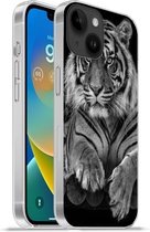 Geschikt voorApple Iphone 14 - Softcase hoesje - Sumatraanse tijger op zwarte achtergrond in zwart-wit - Siliconen Telefoonhoesje