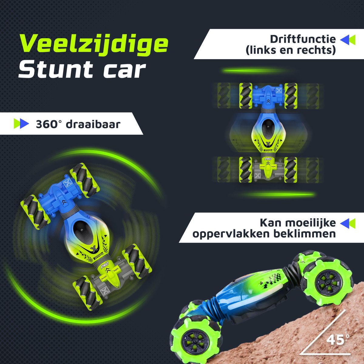 Huntex RC Stunt Car - Inclusief Extra Accu en batterijen - Radiografisch Bestuurbare Auto - Offroad - Transformerende Auto - Volwassenen en Kind - Blauw/Groen - 4wd Twist — afbeelding 3