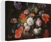 Canvas Schilderij Stilleven met bloemen en een horloge - Schilderij van Abraham Mignon - 120x80 cm - Wanddecoratie
