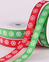 2 rollen kerst cadeau lint rood - groen sneeuwvlokken - per rol 9 meter