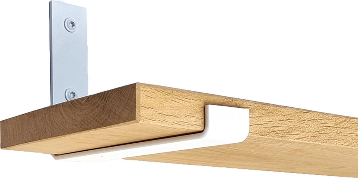GoudmetHout Wandplank Industrieel - 40 x 20 cm Muurplank - Eiken Hout - Decoratie Wandrek & Boekenrek - Hangplank Keuken - Wall Shelf + 2 Mat Witte Plankdragers van Staal Licht eiken, Mat Wit