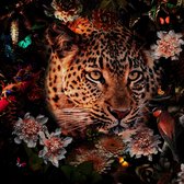80 x 80 cm - Glasschilderij - luipaard - bloemen - foto print op glas