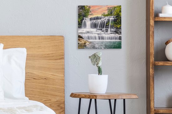 Peinture sur toile - Cascade - Arbre - Plantes - Rocher - Peintures salon - Chambre - Tableaux sur toile nature - Décoration murale - 20x20 cm