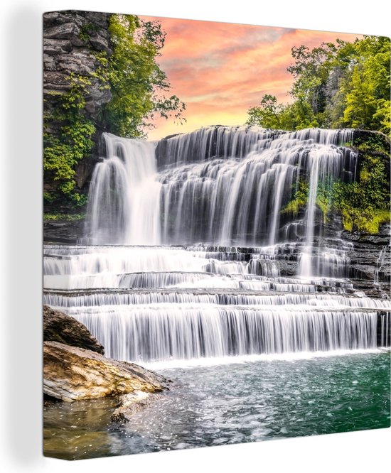 Peinture sur toile - Cascade - Arbre - Plantes - Rocher - Peintures salon - Chambre - Tableaux sur toile nature - Décoration murale - 20x20 cm