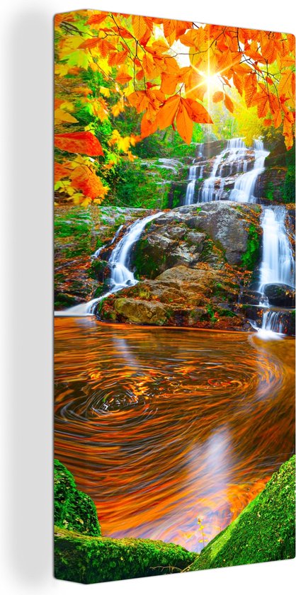 Canvas schilderij - Waterval - Herfst - Stenen - Mos - Canvas schilderijen - Canvas doek - Schilderijen woonkamer - Slaapkamer - 40x80 cm