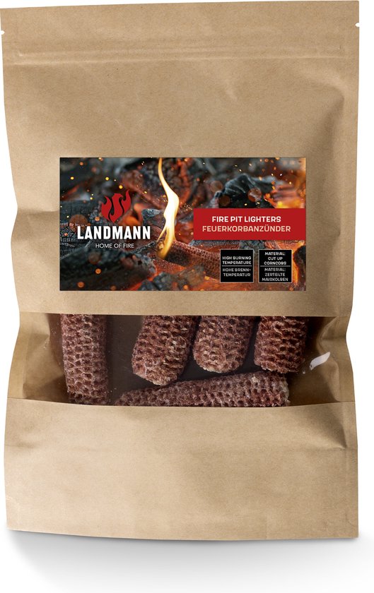 Bruine papieren zak met een doorzichtig venster met daarin maïskolven. Label met LANDMANN logo en afbeelding van vuur.