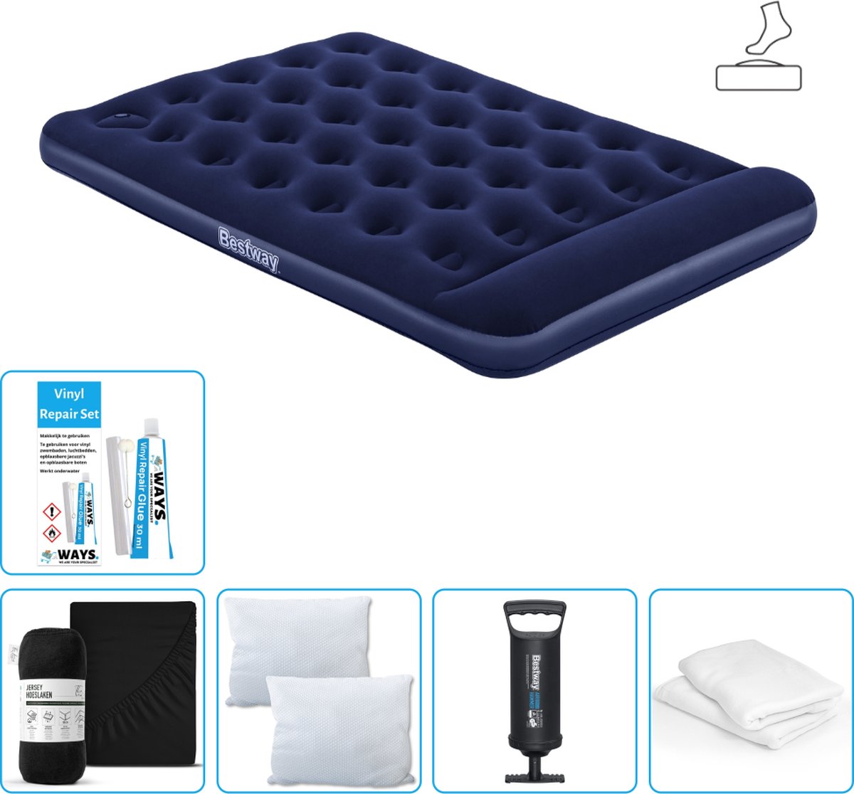 Bestway luchtbed - Twijfelaar - 137 x 191 x 28 cm - Blauw - Inclusief pomp - Hoeslaken - Kussen - Kussenbeschermer - Pomp en Reparatieset