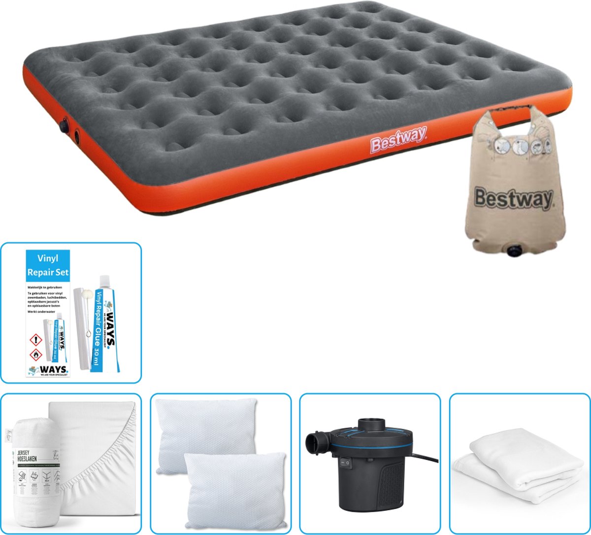 Bestway luchtbed - 2-Persoons - 152 x 203 x 22 cm - Grijs/Oranje - Inclusief Hoeslaken - Kussen - Kussenbeschermer - Pomp en Reparatieset