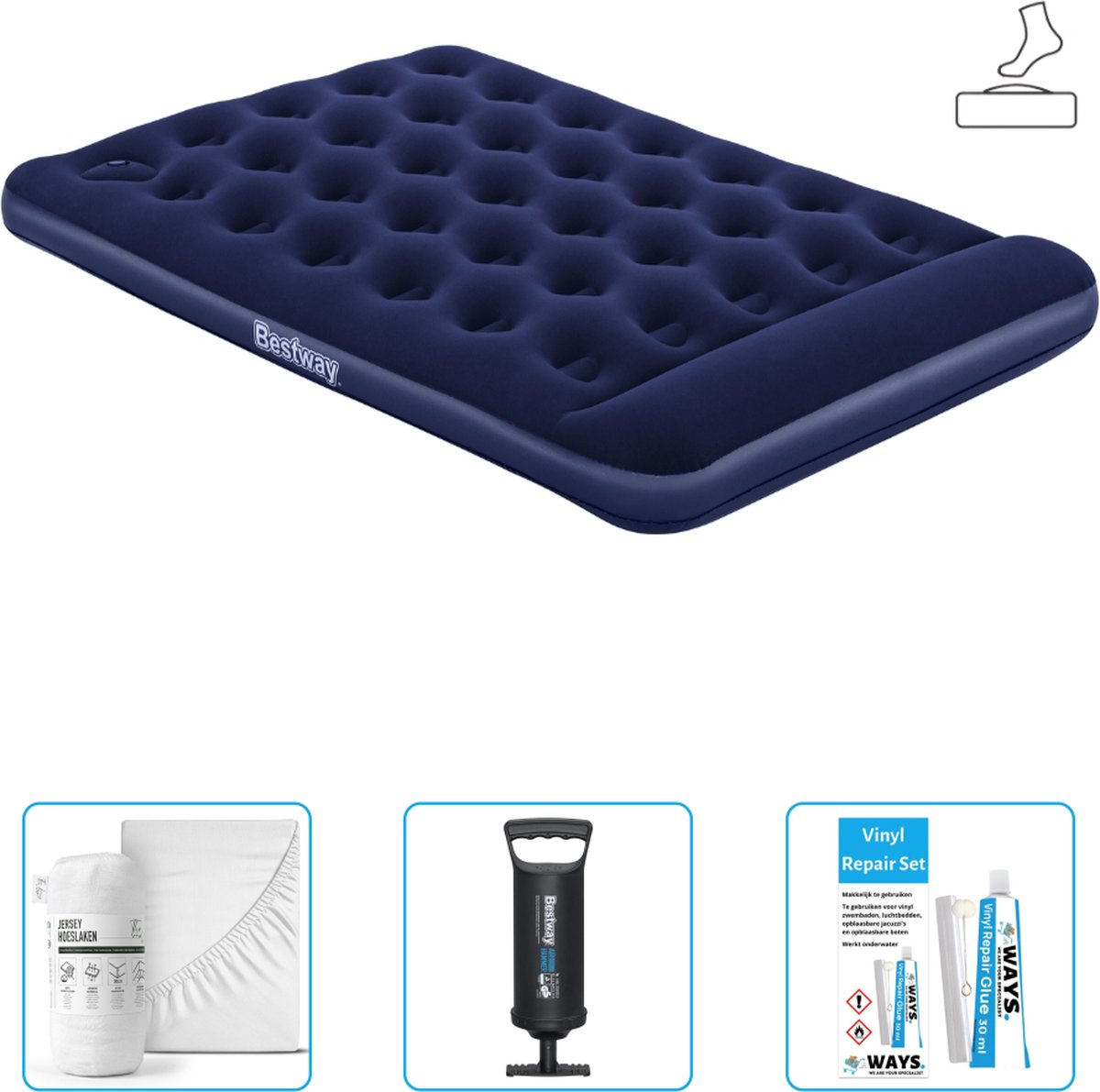 Bestway luchtbed - Twijfelaar - 137 x 191 x 28 cm - Blauw - Inclusief pomp - Hoeslaken - Pomp en Reparatieset