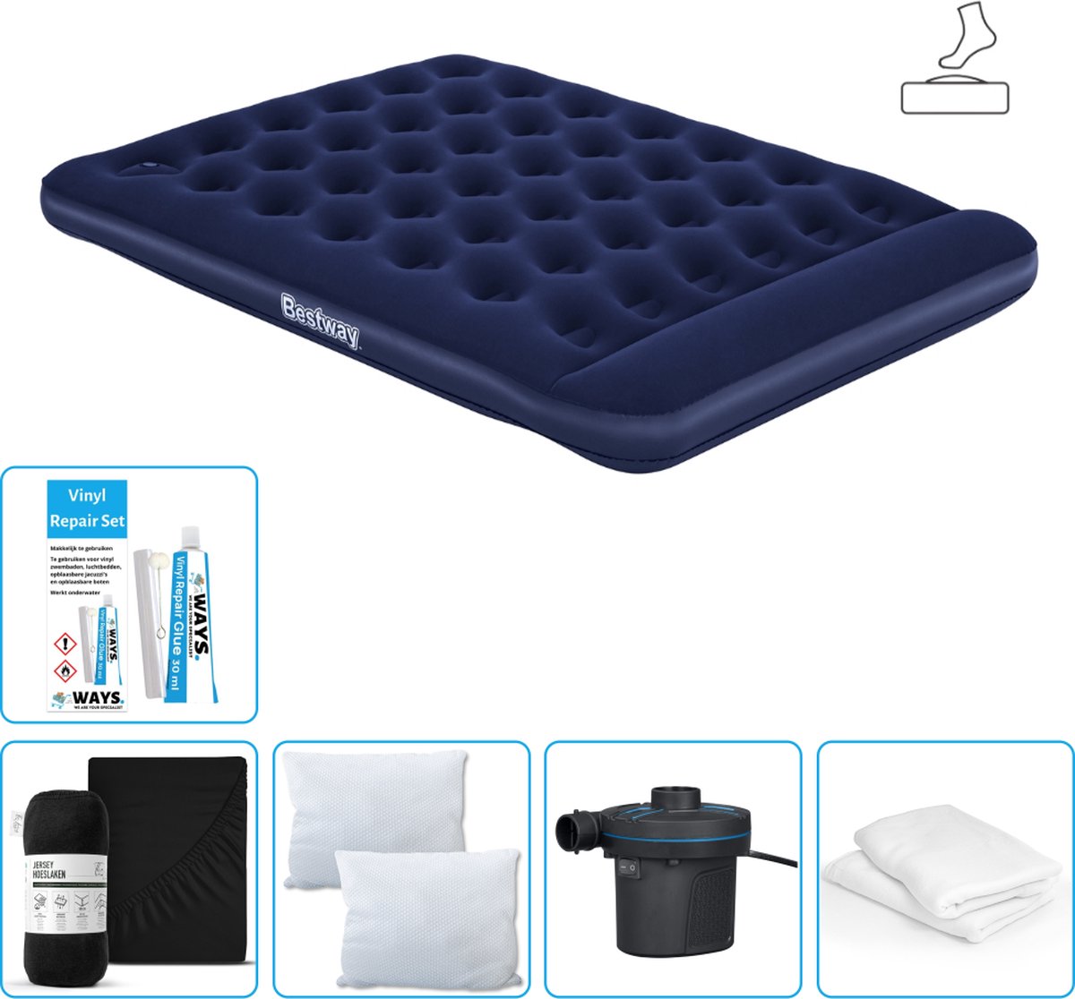 Bestway luchtbed - 2-Persoons - 152 x 203 x 28 cm - Blauw - Inclusief pomp - Hoeslaken - Kussen - Kussenbeschermer - Pomp en Reparatieset