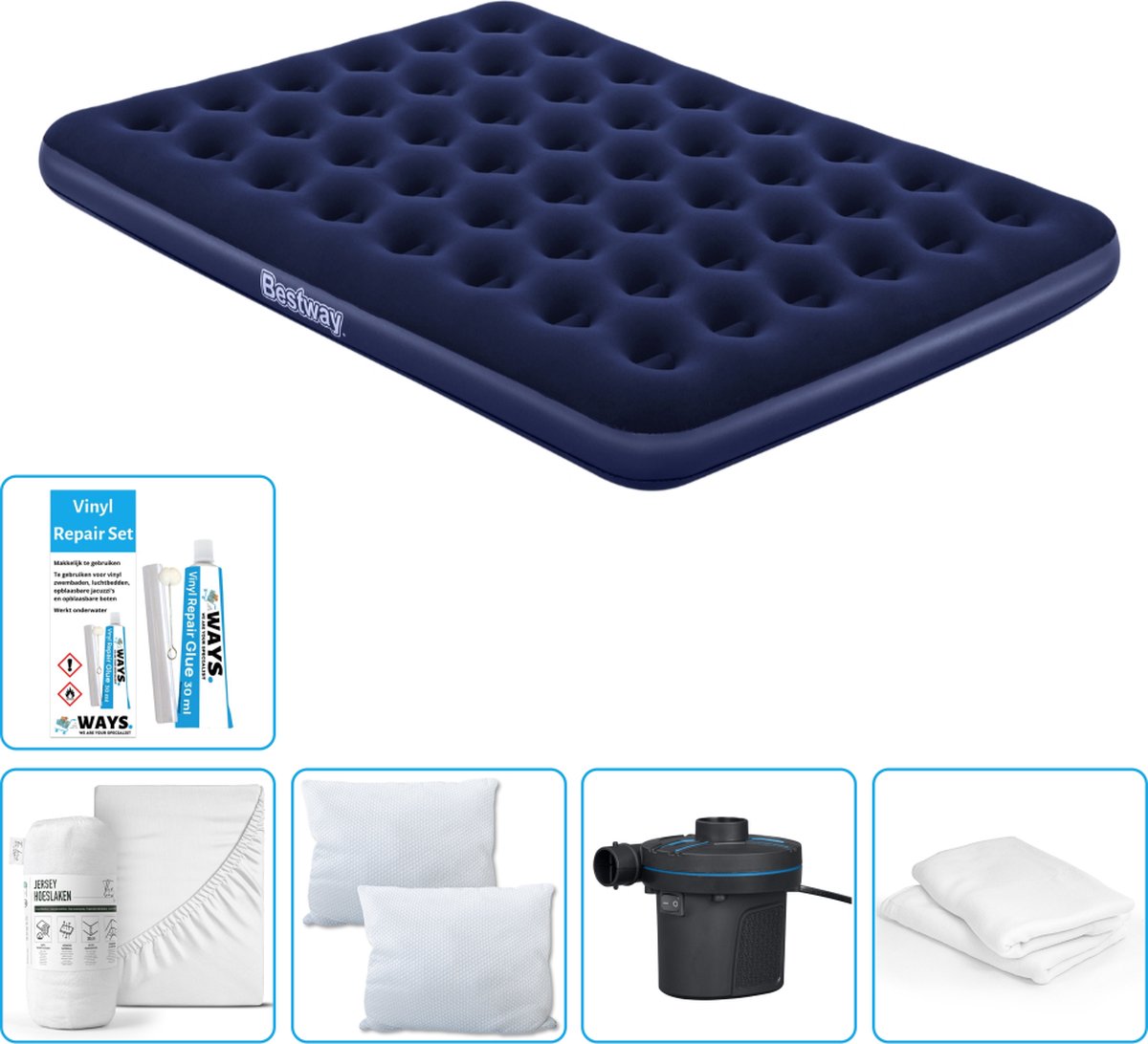 Bestway luchtbed - 2-Persoons - 152 x 203 x 22 cm - Blauw - Inclusief Hoeslaken - Kussen - Kussenbeschermer - Pomp en Reparatieset