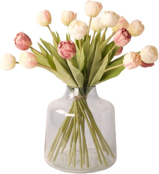 WinQ-Kunsttulpen indiverse kleuren wit, roze, mauve- incl. vaas - moederdag cadeautje