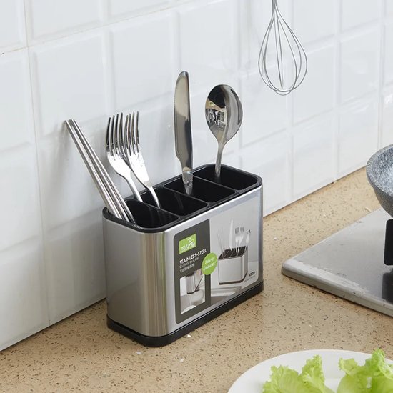 Porte-Couverts 4 Compartiments Avec Bac Égouttoir Amovible | Inox Antidérapant, Organiseur De Coutellerie Pour Cuisine
