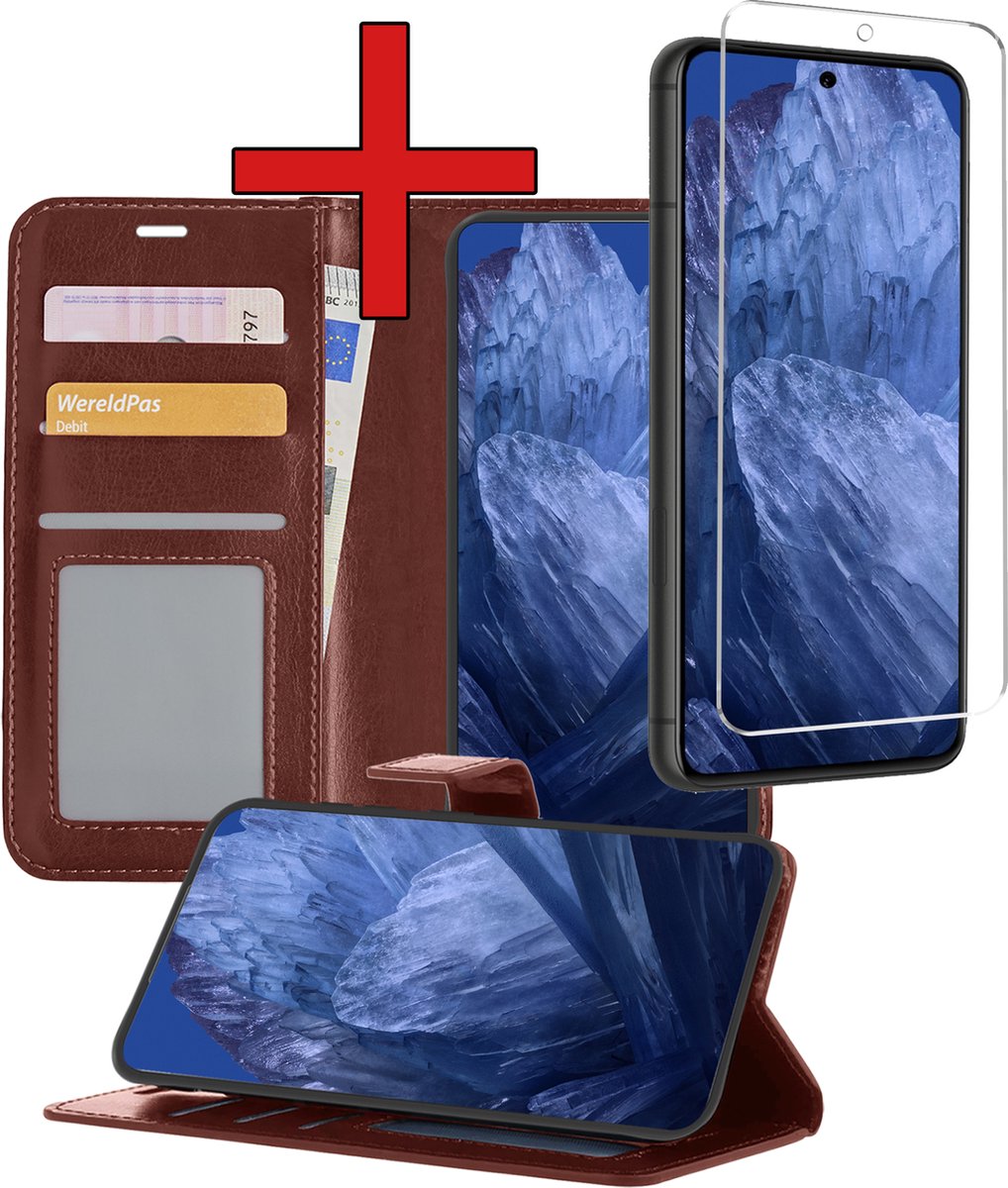 Hoesje - Met Screenprotector - Geschikt voor Google Pixel 8a - Luxe Pasjeshouder - Flipcase - Bookcase Portemonee - Flip Case - Kunstleer Book Case - Book Cover - Walletcase - Portemonneehoes - Telefoonhoes - Bruin