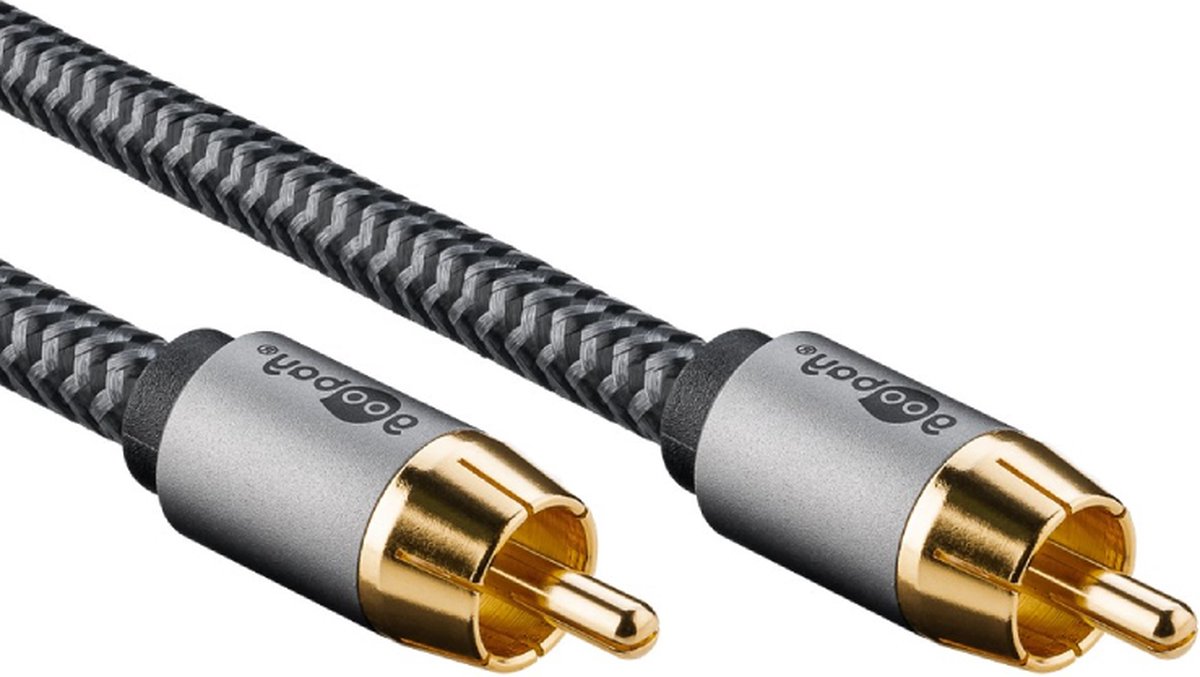Subwoofer Kabel - Verguld - Premium - Nylon Sleeve - 10 meter - Zwart/Grijs
