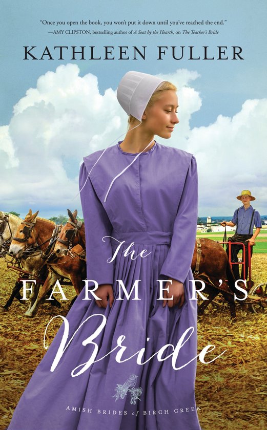 Femme en robe violette avec bonnet, chevaux et charrette en arrière-plan. Titre : The Farmer's Bride.