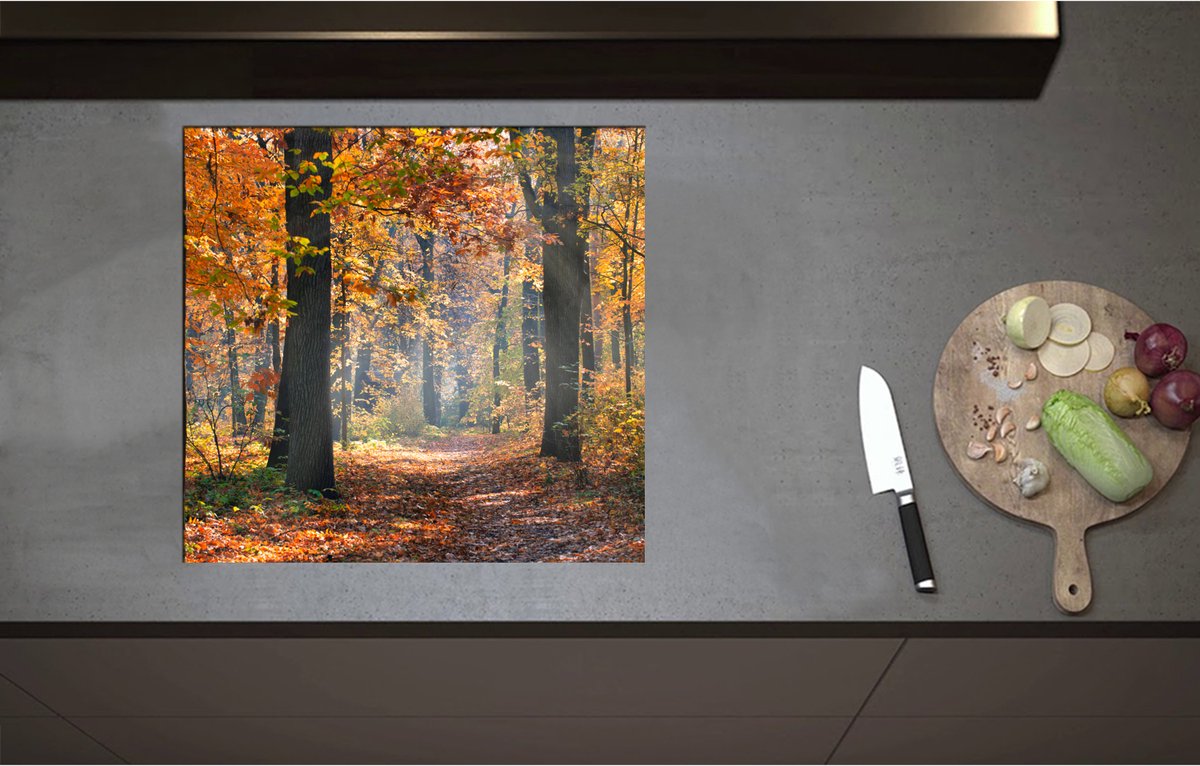 Inductieplaat Beschermer - Bos met Oranje Blaadjes in de Herfst - 58x55 cm - 2 mm Dik - Inductie Beschermer - Bescherming Inductiekookplaat - Kookplaat Beschermer van Zwart Vinyl