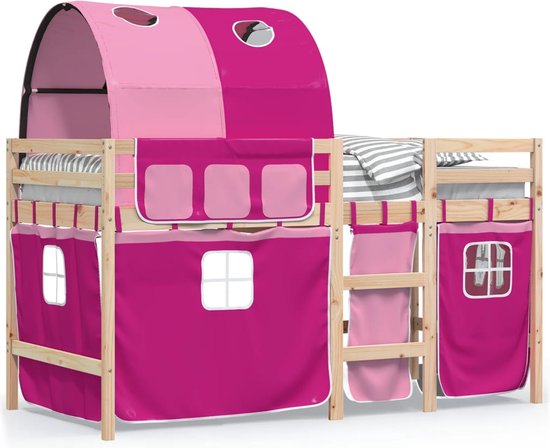 vidaXL - Kinderhoogslaper - met - tunnel - 90x200 - cm - massief - grenenhout - roze