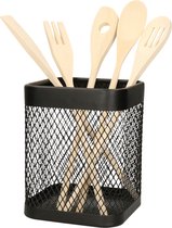 5Five Keukengerei kooklepels spatels set 5-delig - bamboe - in zwart rvs houder van 13 x 17 cm