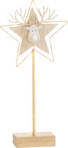 J-Line decoratie Rendier/Ster op voet - hout - goud/wit - LED lichtjes - small