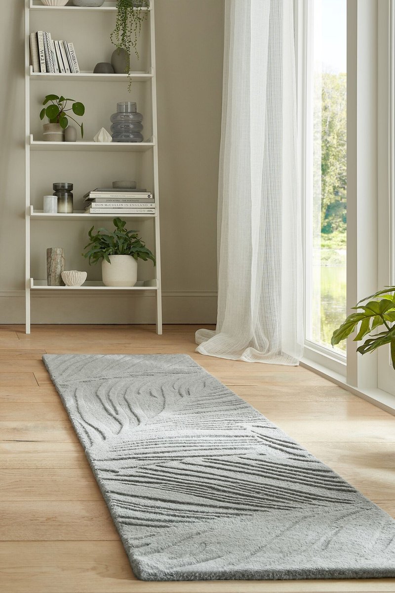 Flycarpets Loper Lino Leaf Modern Laagpolig - 100% Wol Vloerkleed - Grijs - 60x230 cm