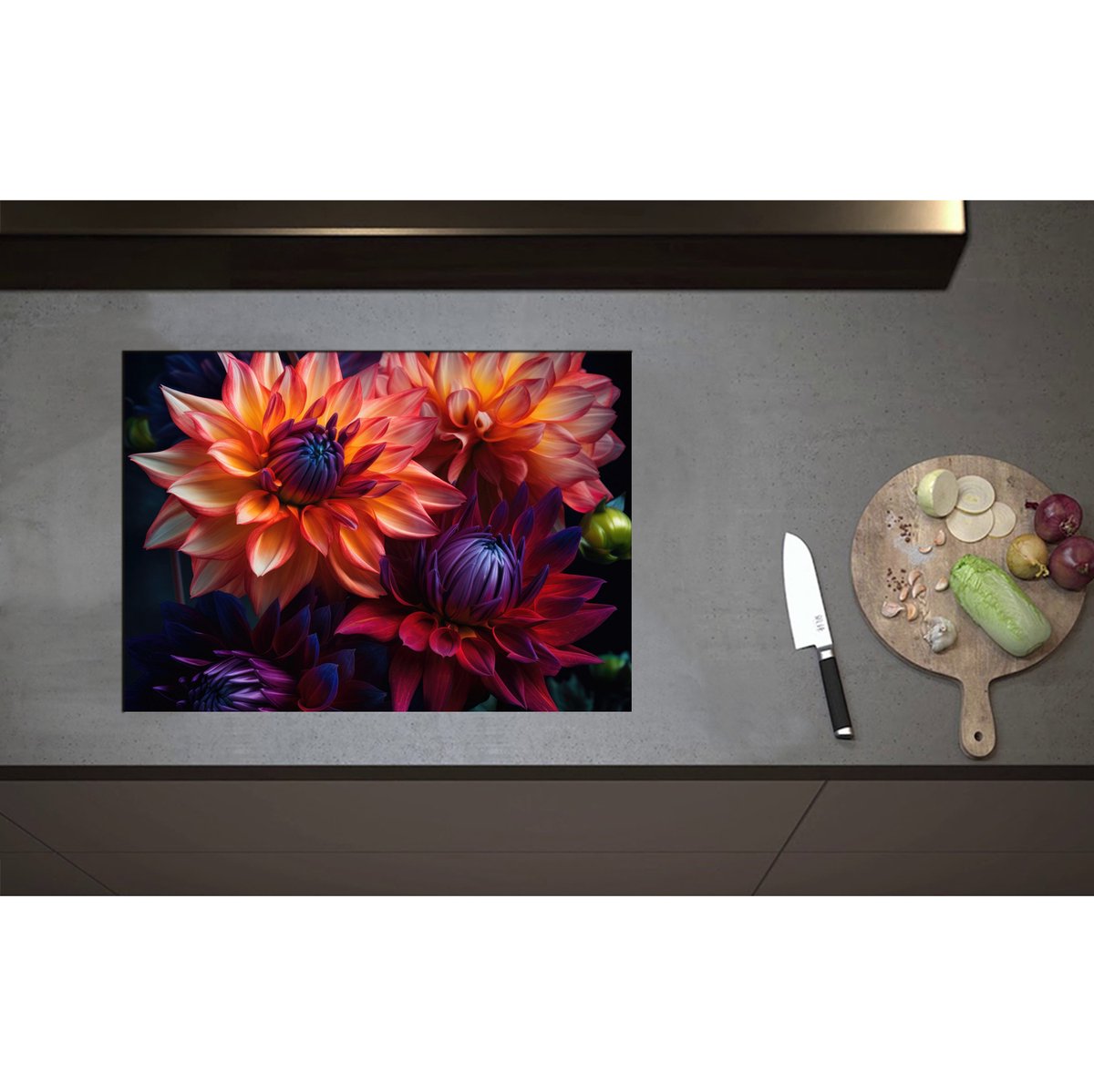 Inductieplaat Beschermer - Boeket van Oranje en Paarse Bloemen - 70x50 cm - 2 mm Dik - Inductie Beschermer - Bescherming Inductiekookplaat - Kookplaat Beschermer van Wit Vinyl