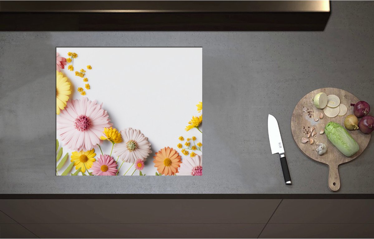 Inductieplaat Beschermer - Bloemen in Pastelkleuren tegen Witte Achtergrond - 59x52 cm - 2 mm Dik - Inductie Beschermer - Bescherming Inductiekookplaat - Kookplaat Beschermer van Zwart Vinyl