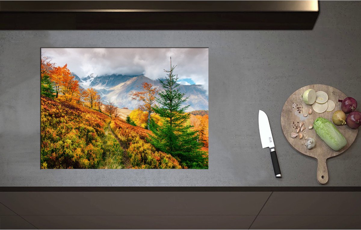 Inductieplaat Beschermer - Bomen in Verschillende Kleuren Hoog in de Bergen - 70x51 cm - 2 mm Dik - Inductie Beschermer - Bescherming Inductiekookplaat - Kookplaat Beschermer van Wit Vinyl