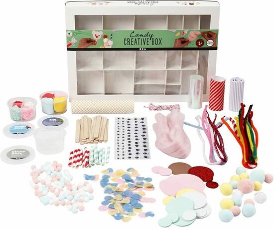 Foto: Knutselpakket knutselbox creatieve box knutselmateriaal hobbyset diy kinderen strass pijpenragers pompoms silk foam clay glitterlijm eva foam zoete traktatie