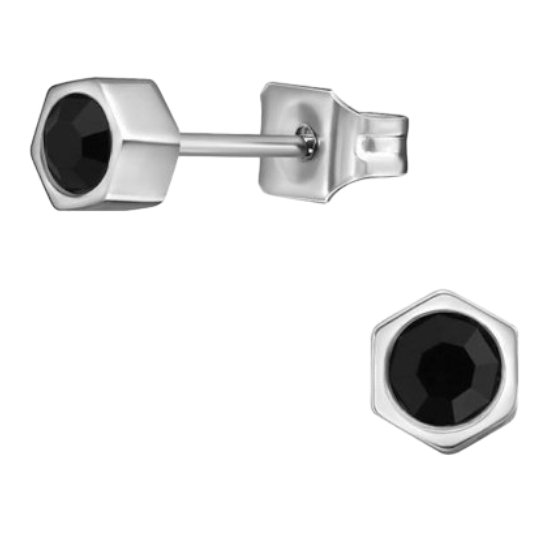 Aramat jewels ® - Zweerknopjes zeshoek zwart kristal zilverkleurig chirurgisch staal 4mm unisex