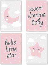 Wandkunstdrukken kinderkamer Decor - babykamer decoratie meisje - kinderen poster set ster maan wolk roze foto A4 formaat