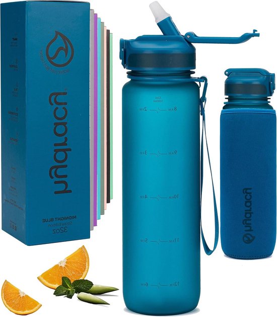 Water Bottle with Times to Drink & Straw - Large 1 Litre BPA Free Motivational & No Sweat Sleeve -Leak Proof Gym Bottle with Time Marker - Ideal for Fitness Sports & Outdoors