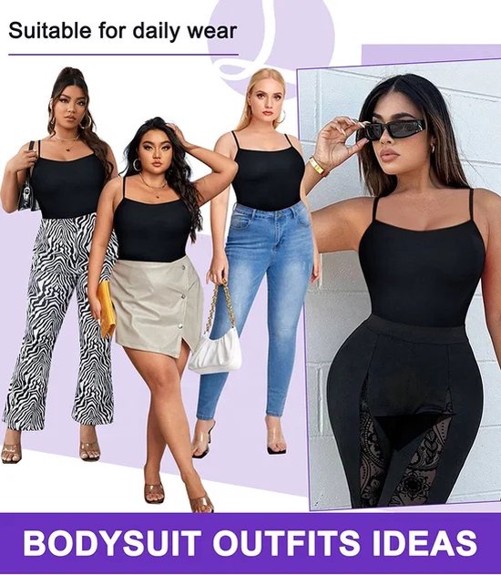 Drie vrouwen met een zwarte body: één met zebraprint broek, één met beige rok en één met jeans. Een vierde vrouw toont de body met een zwarte broek met kanten details.