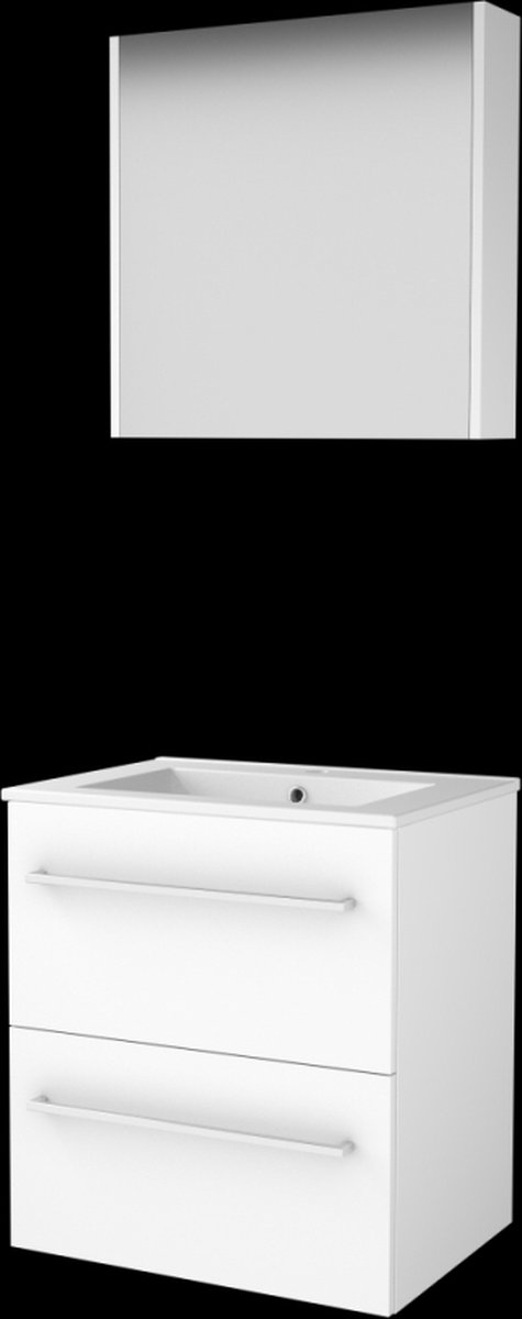 Basic Comfort 46 badmeubelset met spiegelkast, wastafelonderkast met grepen, 2 lades en porseleinen wastafel met 1 kraangat 60 x 46 cm, ice white