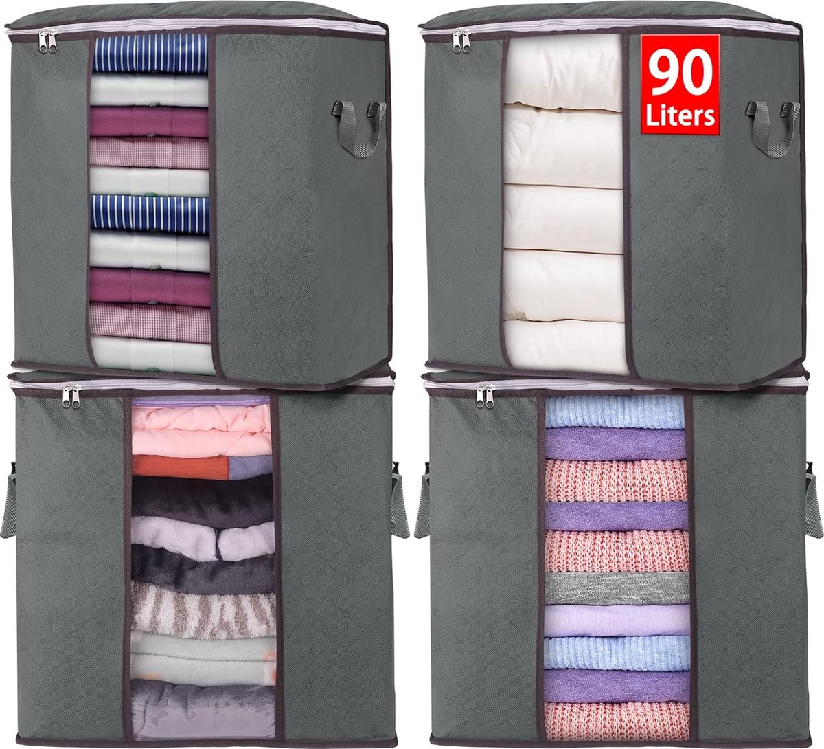 Opbergtas 90L kledingopbergruimte, opbergdoos met deksel, grote, opvouwbare onderbedkast voor kleding, dekbedden en beddengoed
