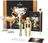 Cocora Martini Geschenkset - 9-delige RVS Cocktail Set - Cocktailshaker - Martini Coupe Glazen - Cocktail Boek - Goud