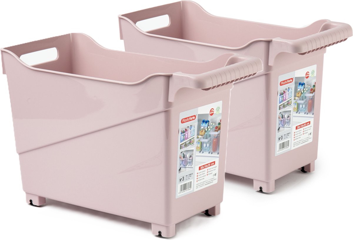 Plasticforte opberg Trolley Container - 2x - roze - L38 x B18 x H26 cm - kunststof