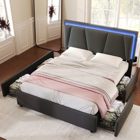 Sweiko Gestoffeerd bed met LED verlichting en 4-laden, 160x200cm, in hoogte verstelbaar hoofdeinde, eenpersoonsbed Opbergbedden Bed frame, Houten lattenbod, Grijs (Zonder matras)