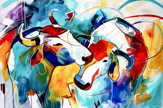 JJ-Art (Glas) 120x80 | 2 Koeien / stieren, abstract, kleurrijk, kunst | dier, koe, stier,, rood, bruin, blauw, geel, wit, groen, modern | Foto-schilderij-glasschilderij-acrylglas-acrylaat-wanddecoratie
